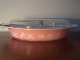 Vintage Pyrex Pink Daisy Divided Dish With Lid