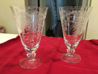 Pair (2) Of Vintage Fostoria “romance” Footed Iced Tea Goblets - 6 ",  12oz Etched