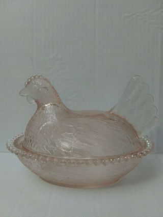 Vtg Indiana Pink Depression Glass Chicken Hen On Nest Candy Or Serving Dish