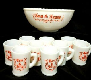 Vintage Mckee Tom & Jerry Punch Set Bowl 9 Mugs Cups Milk Glass Red Lettering