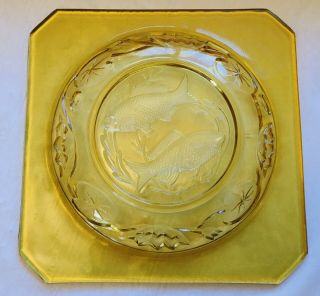 VINTAGE LOVEY ART DECO BAGLEY AMBER GLASS SQUARE FISH DINNER PLATE 3