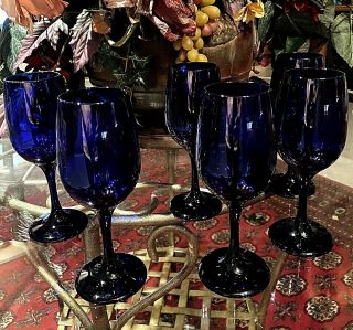 Six Cobalt Blue Water/wine Stemware Glasses/goblets 7.  5 " Tall