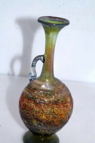 Very Fine Hand Blown Art Glass Bottle Bud Vase 5.  25 " Green Bronze
