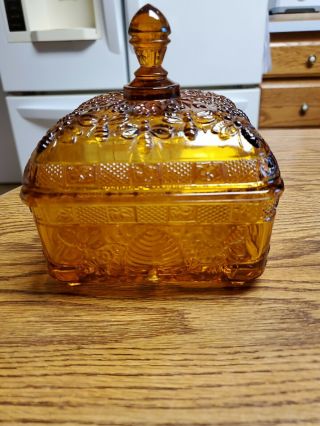 Vintage Tiara Indiana Amber Glass Honey Bee Footed Candy Dish W/lid
