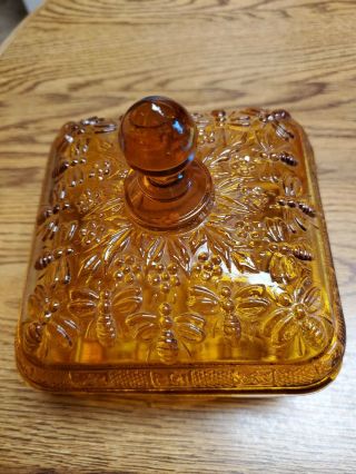 Vintage Tiara Indiana Amber Glass HONEY BEE Footed Candy Dish w/Lid 3