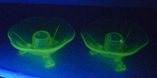 Green Uranium Glass Candle Holders Set Of Two Depression Vtg Taper Footed