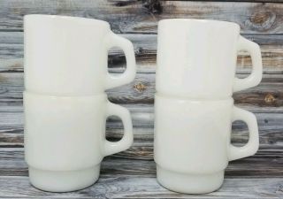Vintage Anchor Hocking White Milk Glass Stackable Coffee Cups Oven Proof Set 4