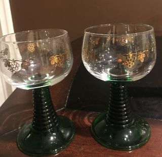 2 Luminarc France Cordial Glasses Green Beehive Stem Gold Grapes - 4 1/2”