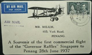 Malaya 28 Jun 1937 1st Flight Of " Governor Raffles " To Penang Cover Front