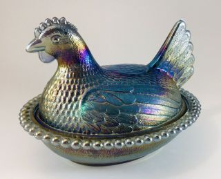 Vintage Indiana Carnival Glass Iridescent Blue Chicken Hen On Nest Candy Dish