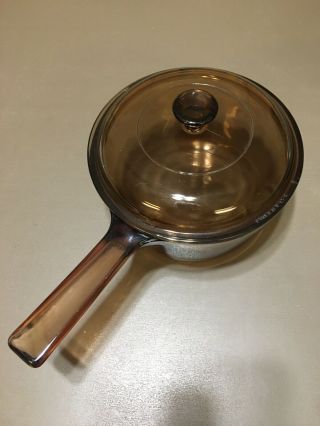 Vintage Corning Vision Ware Pyrex 1.  5 L Amber Glass Pot Sauce Pan Nonvent Lid