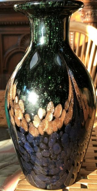Studio Art Glass Vase Iridescent Gold,  Green,  Blue,  On Black 9 Inches