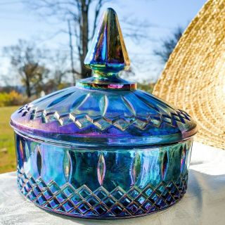 Vintage Indiana Princess Blue Carnival Glass Candy Dish Bowl W/ Lid Powder Jar