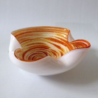 Vintage Murano Art Glass Bowl Orange/gold/white Spiral Cased Folded Dish/ashtray