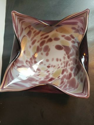 Alfredo Barbini Murano,  White W/purple & Gold Italian Art Glass Bowl 7x11x3
