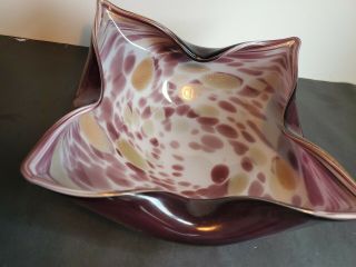 Alfredo Barbini Murano,  White w/Purple & Gold Italian Art Glass Bowl 7x11x3 2