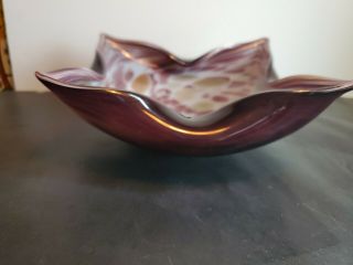 Alfredo Barbini Murano,  White w/Purple & Gold Italian Art Glass Bowl 7x11x3 3