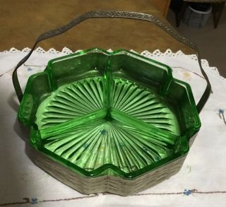 Vtg.  6 Sided Green Vaseline Glass Divided Dish With Metal Holder