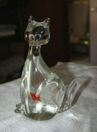 Murano Clear Art Glass Cat With Fish Goldfish In Its Stomach Belly