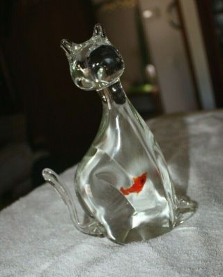 Murano clear art glass cat with fish goldfish in its stomach belly 2