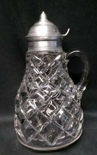 Antique Patented 1888 Blown Eapg Clear Glass Syrup Pitcher W/ Pewter Top