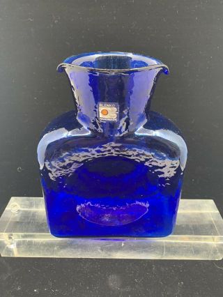 Vintage Blenko Hand Made Cobalt Blue Double Spout Bottle Vase 8” H With Label