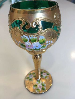 Murano Green Cordial Glass W/ Enameled Flowers & Heavy Gold