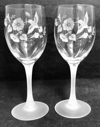 Vintage Crystal Etched Hummingbird Wine Glasses,  Set Of 2,  Crystal Water Goblets