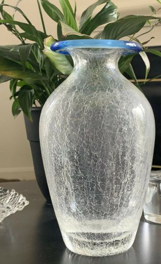 Vintage Hand Blown Blenko Style Crackle Glass Vase Smooth Pontil Blue Rim