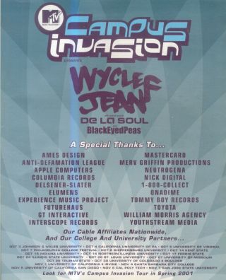 (hfbk3) Poster/advert 13x11 " Mtv Campus Invasion Tour : Wyclef Jean,  De La Soul