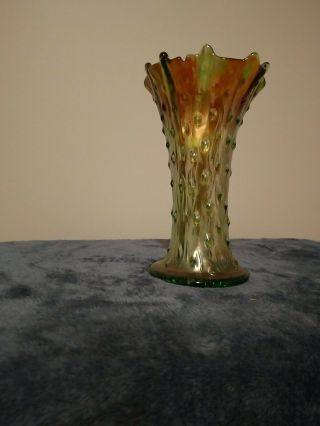 NORTHWOOD TREE TRUNK ANTIQUE Carnival Glass Vase Iridescent Art GREEN - 3