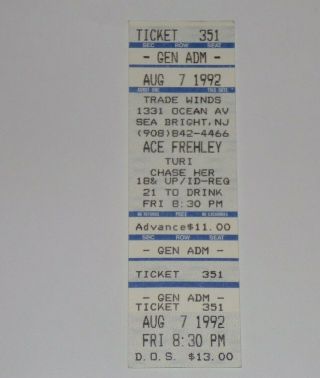 Kiss Band Ace Frehley Solo Full Concert Ticket Stub 1992 Tradewinds Seabright Nj