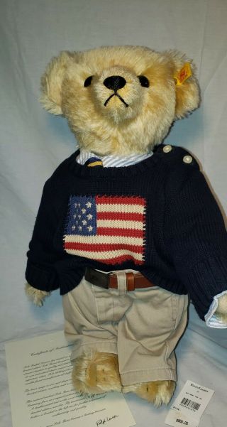 $800 Vintage Ralph Lauren Polo Teddy Bear By Steiff Usa Preppy Tags
