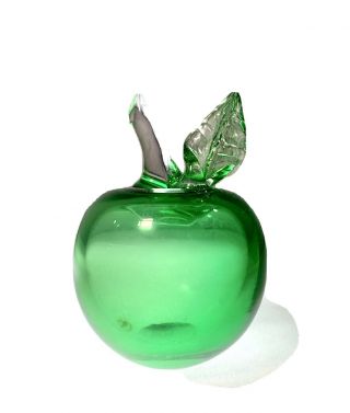 Vintage Signed A.  Jablonski Hand Blown Green Lead Crystal Art Glass Apple