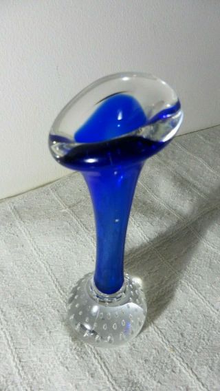 Vintage Murano Art Glass Blue Controlled Bubbles Paperweight Bud Vase 6 1/4 "