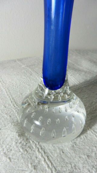 Vintage Murano Art Glass Blue Controlled Bubbles Paperweight Bud Vase 6 1/4 