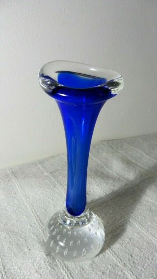 Vintage Murano Art Glass Blue Controlled Bubbles Paperweight Bud Vase 6 1/4 