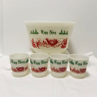 Vintage Hazel Atlas Holiday Christmas Milk Glass Egg Nog Punch Bowl And 4 Mugs