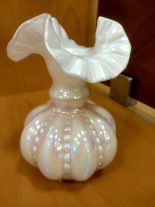 Fenton Glass Vase Pink Opalescent Iridescent Scallop Ruffle Rim Beaded Hobnail