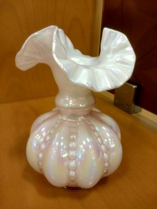 Fenton glass vase pink opalescent iridescent scallop ruffle rim beaded hobnail 2