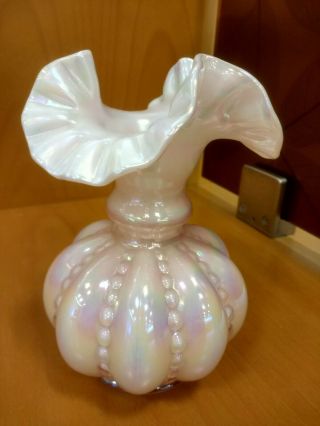 Fenton glass vase pink opalescent iridescent scallop ruffle rim beaded hobnail 3