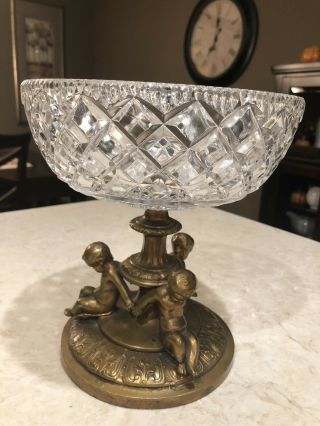 Vintage Heavy Crystal Centerpiece/fruit Bowl With Brass Cherub Pedestal