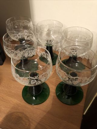 Set 6 Vintage Luminarc France Vine Engraved Wine Glasses Beehive Green Stem Vgc