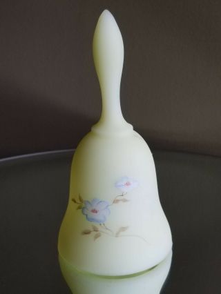 Soft Satin Uranium Yellow Glass Fenton Signed Bell Made In Usa Hand Painted Bell