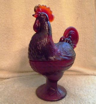 Vintag Ruby Red Glass Rooster Candy Jar Dish And Lid 8 3/4 Inches Tall