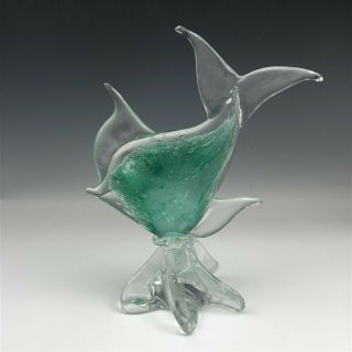 Signed Mystery Maker Studio Blown Cased Green Tropical Fish Glass Sculpture Lzo