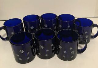 8 Cobalt Blue Glass Coffee Mug With White Snowflakes Design Made In Usa