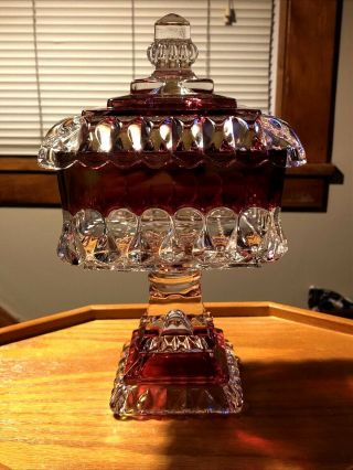 Vtg Westmoreland Crystal Clear And Ruby Red Glass Square Pedestal Candy Dish