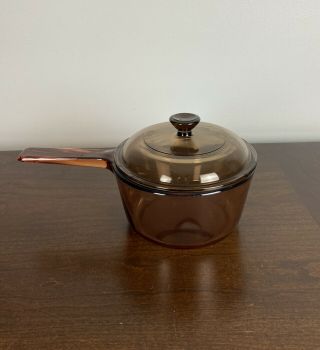 Vintage Corning Pyrex 1 L Amber Glass Sauce Pan Pot With 1l Pyrex Lid Usa