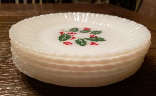 Vintage Set Of Six Termocrisa Crisa Milk Glass 6 " Plates Holly Berry Christmas